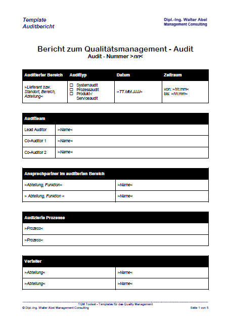 Vorlage Auditbericht gemäß ISO 9001