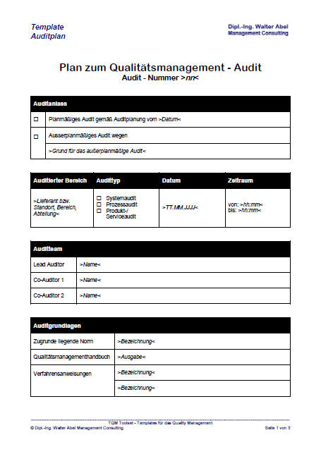 Vorlage Auditplan gemäß ISO 9001