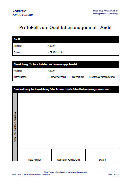 Vorlage Auditprotokoll gemäß ISO 9001