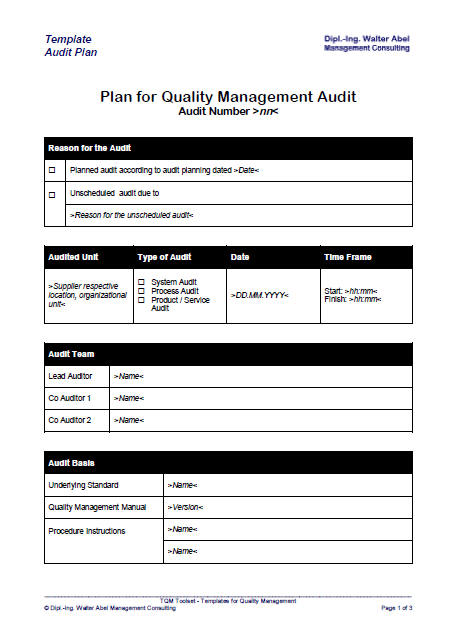 Template audit plan according to ISO 9001