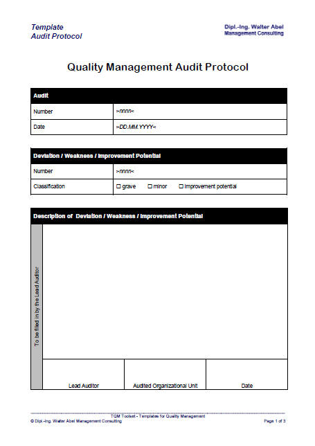 Template audit protocol according to ISO 9001